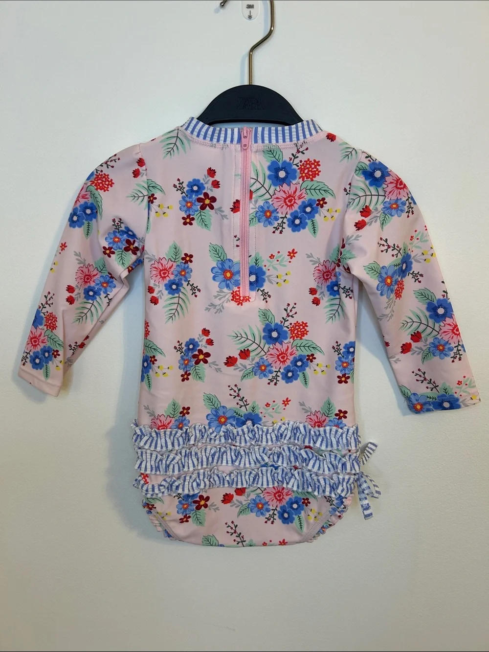 Ruffle Butts Pink Floral Long-Sleeve Baby Swimsuit, 18-24 Months